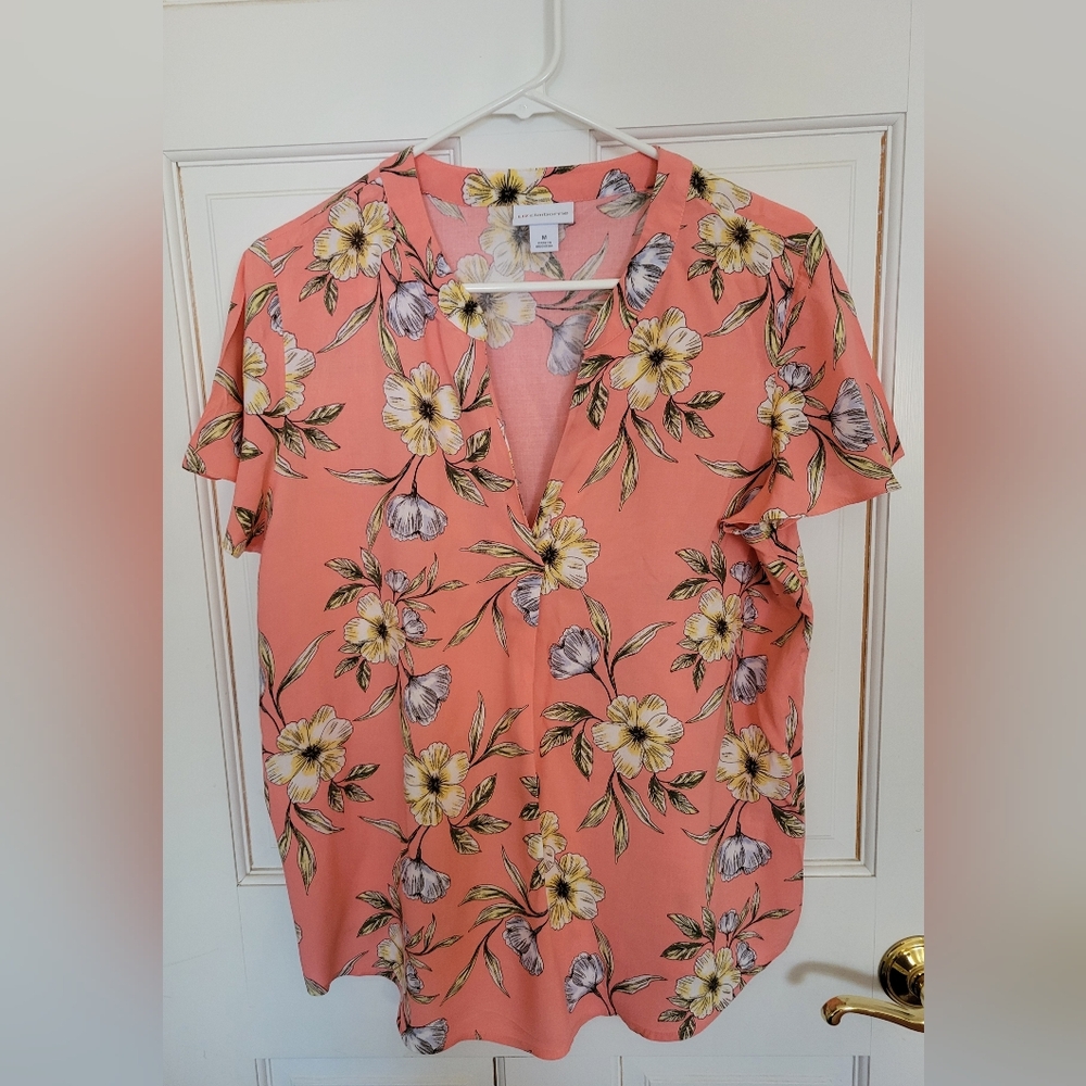 Liz Claiborne Floral Blouse - Coral and Yellow